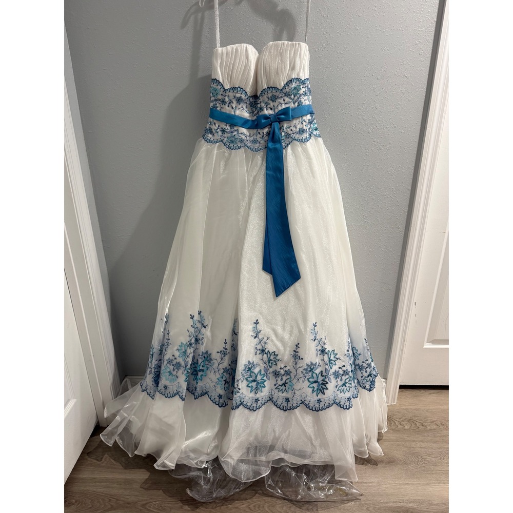 Mori Lee White Blue Floral Embroidered Strapless Corset Prom Wedding Gown 8